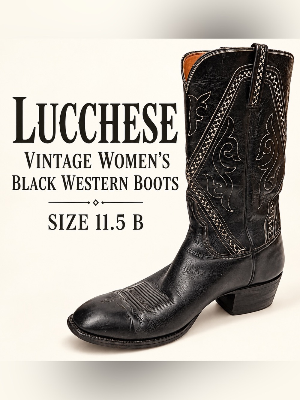 Lucchese Vintage Women’s Black Western Boots Size 11.5 B French Toe Style 1378